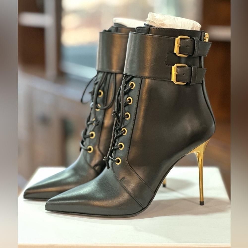 NIB Balmain Uria Leather Ankle Lace Zipper Buckle Boots Black Gold Heel 38